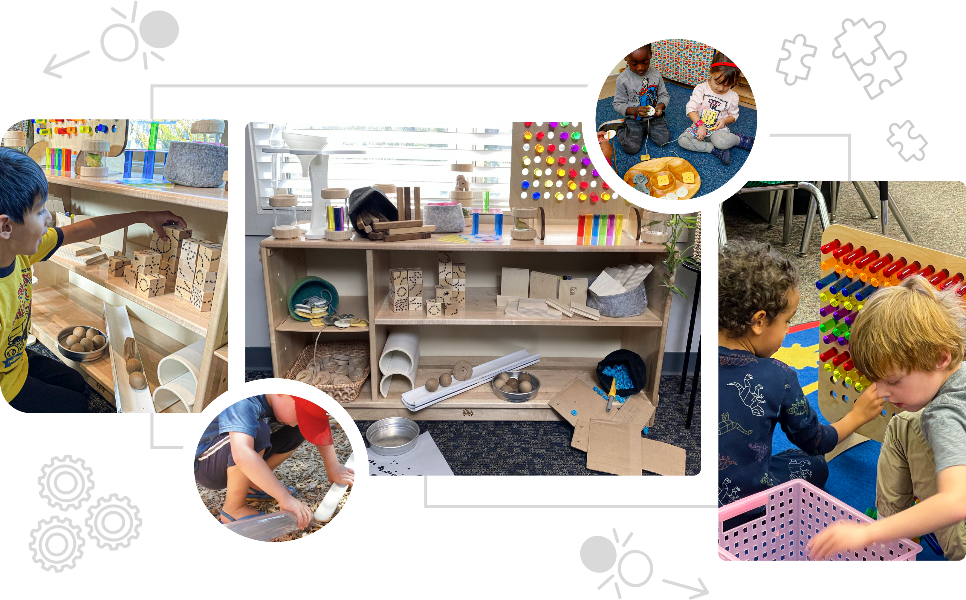 collage of many children engaging in kodo products in a classroom