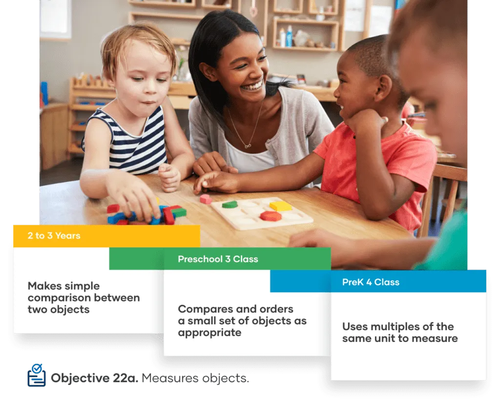 teacher in classroom with three children while they play colored blocks