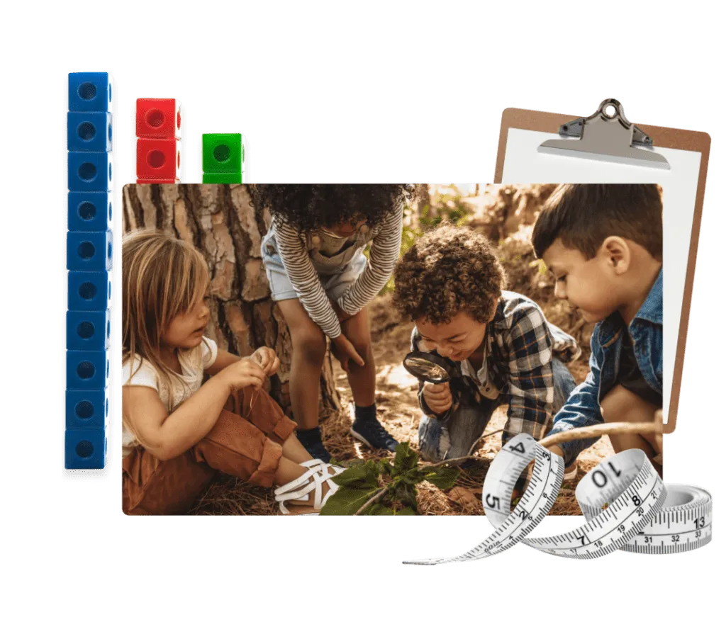 children outdoors with magnifying glass exploring a forest with essential kit products