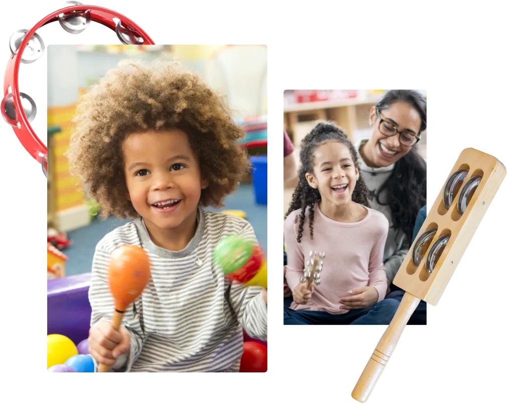 hero of happy kindergarten children playing instruments while teacher oversees