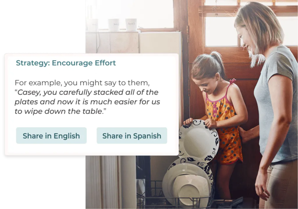 mother and daughter in the kitchen loading a dishwasher with noni dialog explaining how to encourage effort